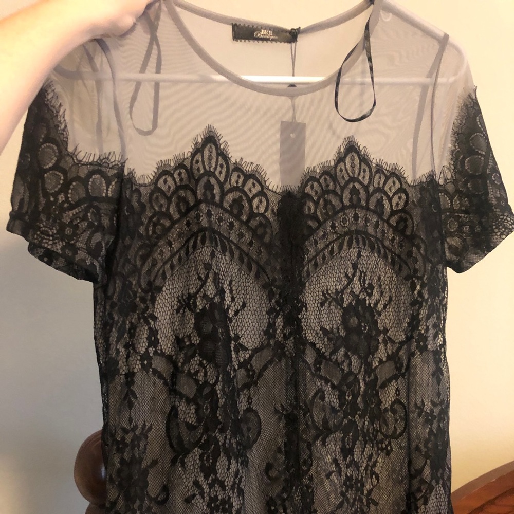 BKE Boutique sheer mesh and lace top